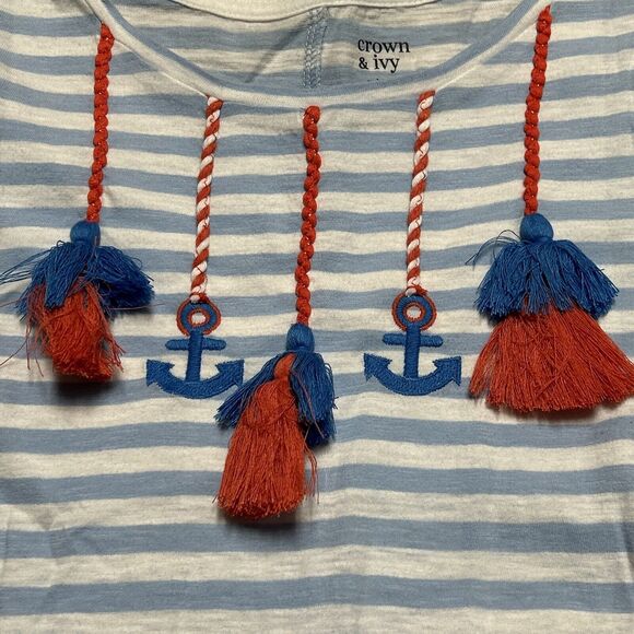 Crown & Ivy Nautical Tassels Blue Stripe Long Sleeve Shirt Girl Size Medium NWT - Picture 2 of 6